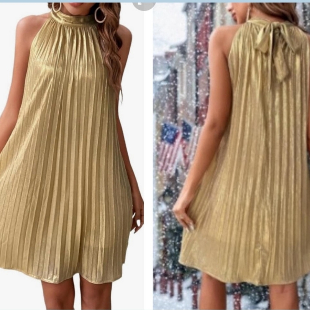 Gold Shimmer Halter Shift Cocktail Dress  Sz XL  NWOT